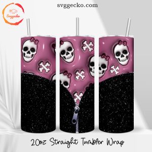Skull Girl Zip 3D Puff 20oz Straight Skinny Tumbler Wrap, Cute Halloween Tumbler Cup Designs