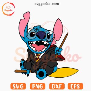 Stitch Harry Potter With Broom SVG, Blue Wizard SVG, Cute Hogwarts SVG PNG Digital Download