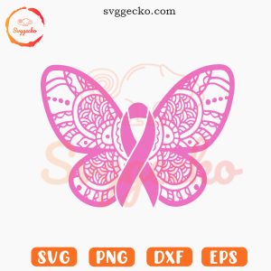 Mandala Butterfly Pink Ribbon SVG, Cute Breast Cancer Awareness SVG PNG Files