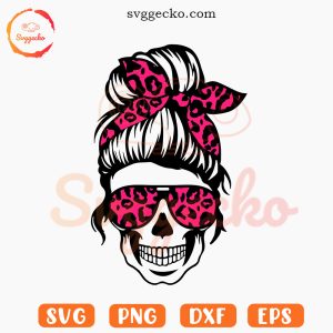 Leopard Messy Bun Skull SVG, Funny Mom Halloween SVG, Skeleton SVG PNG Digital Downloads