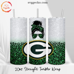 Green Bay Packers Messy Bun Leopard 20oz Straight Skinny Tumbler Wrap, Packers Girl Tumbler Template PNG Sublimation