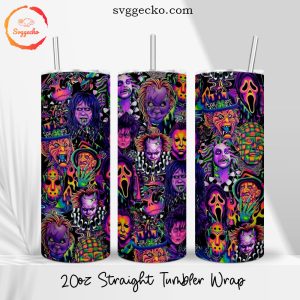 Horror Characters Neon 20oz Straight Skinny Tumbler Wrap, Halloween Scary Tumbler Template PNG Designs