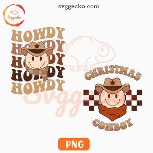 Smiley Face Cowboy Christmas PNG Bundle, Howdy Christmas Retro PNG Designs