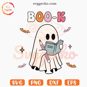 Boo-K Ghost SVG, Cute Ghost Reading SVG, Bookish Halloween SVG PNG Files