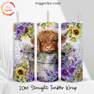 Baby Highland Cattle Floral 20oz Straight Skinny Tumbler PNG, Cute Cow Tumbler Wrap Sublimation