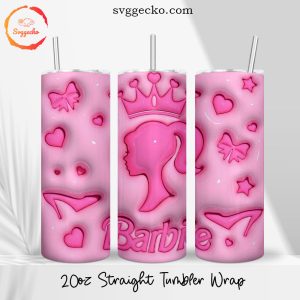 Barbie 3D Puff 20oz Straight Skinny Tumbler PNG, 3D Pink Doll Tumbler Wrap Sublimation
