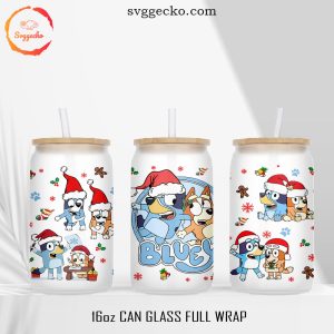 Bluey And Bingo Christmas 16oz Glass Can Wrap PNG, Funny Xmas PNG Sublimation