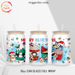 Merry Blueymas Latte Coffee 16oz Glass Can Wrap PNG, Bluey Xmas Can Wrap Designs