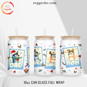 Bluey Bingo Dad And Mom Christmas 16oz Glass Can Wrap PNG, Bluey Family Merry Xmas Can Wrap Files