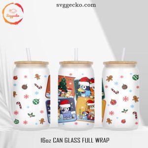 Bluey Cartoon Christmas 16oz Glass Can Wrap PNG, Disney Blue Dog Christmas Can Wrap PNG Designs