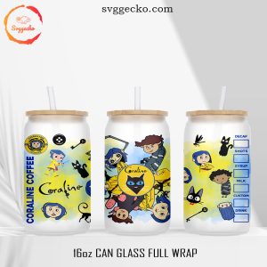 Coraline Coffee 16oz Glass Can Wrap PNG, Halloween Movie Libbey Glass Template PNG Files