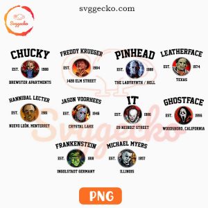 Horror Movie Characters Est Time PNG Bundle, Chucky 1988 PNG, Ghostface 1996 PNG, Jason 1946 PNG