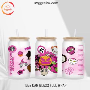 Baby Horror Pink Coffee 16oz Glass Can Wrap PNG, Halloween Scary Killers Libbey Glass Template PNG
