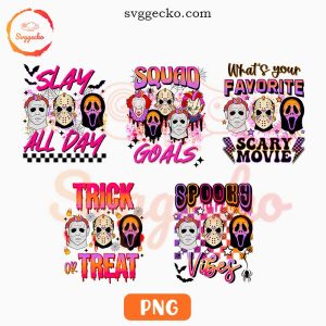 Retro Horror Halloween PNG Bundle, Ghostface Michael Jason PNG, Slay All Day PNG, Spooky Vibes PNG