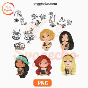 Cute Disney Princess Tattoo PNG Bundle, Ariel PNG, Mulan PNG, Princess Rock PNG Sublimation
