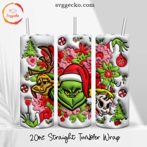 Cute Grinch Friends Flower 3D Puff 20oz Straight Tumbler Wrap PNG, Whoville Christmas Skinny Tumbler PNG