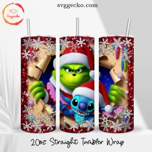 Grinch And Stitch Santa Hat 20oz Straight Tumbler Wrap PNG, Christmas Skinny Tumbler PNG Download