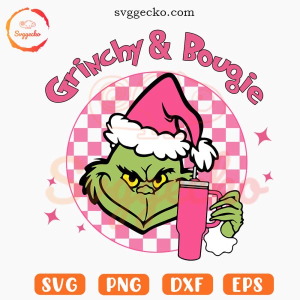 Grinchy And Bougie Checkered SVG, Pink Grinch SVG, Trendy Christmas 2023 SVG PNG Files