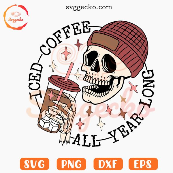 Iced Coffee All Year Long SVG, Skeleton Beanie Coffee SVG, Christmas Drink SVG PNG Cut Files