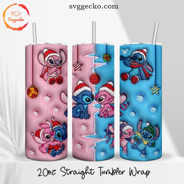 Stitch And Angel Christmas 3D Puff 20oz Straight Tumbler Wrap PNG, Christmas Love Tumbler Template