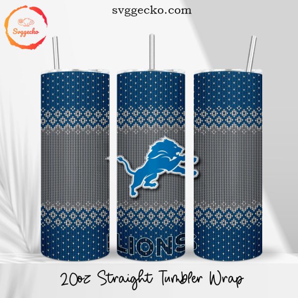 Lions Ugly Sweater Pattern 20oz Straight Tumbler Wrap PNG, Detroit Lions Christmas Skinny Tumbler Sublimation