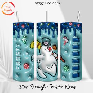 Frosty Snowman 3D Puff 20oz Straight Tumbler Wrap PNG, Christmas Cartoon Skinny Tumbler Digital Files