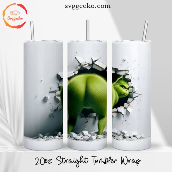 Funny Grinch Cracked Wall 3D 20oz Straight Tumbler Wrap PNG, Christmas Skinny Tumbler Designs
