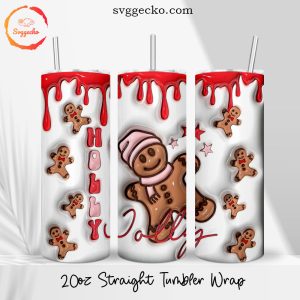 Gingerbread Holly Jolly 3D Puff 20oz Straight Tumbler Wrap PNG, Christmas Cookie Skinny Tumbler Sublimation