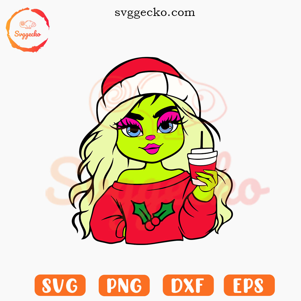 Grinch Girl With Coffee Cup SVG, Grinchy SVG, Girl Christmas SVG PNG Files