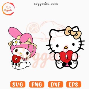 Hello Kitty And My Melody Bad Bunny Heart SVG, Cute Kawaii SVG, Kitty Valentine SVG PNG Files