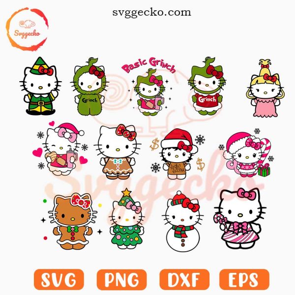 Hello Kitty Christmas SVG Bundle, Kawaii Kitty Xmas SVG, Sanrio White Cat Christmas SVG PNG Files