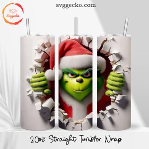 Santa Grinch Cracked Wall Hole 3D 20oz Straight Tumbler Wrap PNG, Funny Grinch Christmas Skinny Tumbler Template