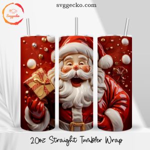 Santa Claus And Gift 3D 20oz Straight Tumbler Wrap PNG, Christmas Skinny Tumbler PNG Digital Download