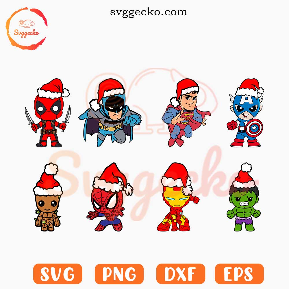 Baby Superheroes Santa Hat SVG Bundle, Cute Superhero Chirstmas SVG, Avengers Xmas SVG PNG Files