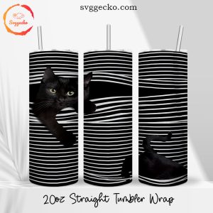 Black Cat Stripes Pattern 20oz Straight Tumbler Wrap PNG, Cute Kitten Skinny Tumbler Template Designs