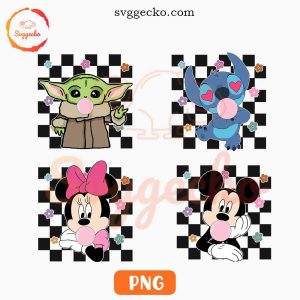 Cartoon Characters Chewing Gum Checkered PNG Bundle, Mickey Minnie PNG, Stitch PNG, Baby Yoda PNG