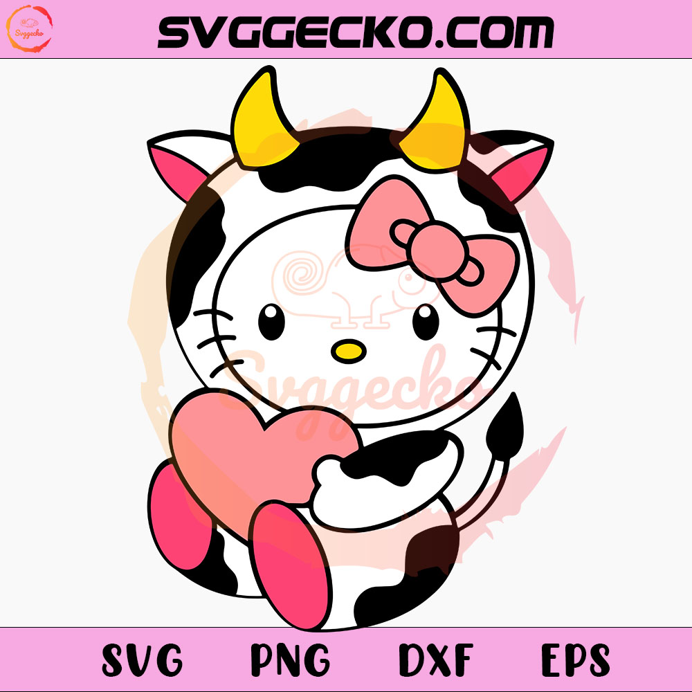 Hello Kitty Cow With Heart SVG, Cute Kitty Love SVG, Funny Hello Kitty Valentine's Day SVG PNG Cricut