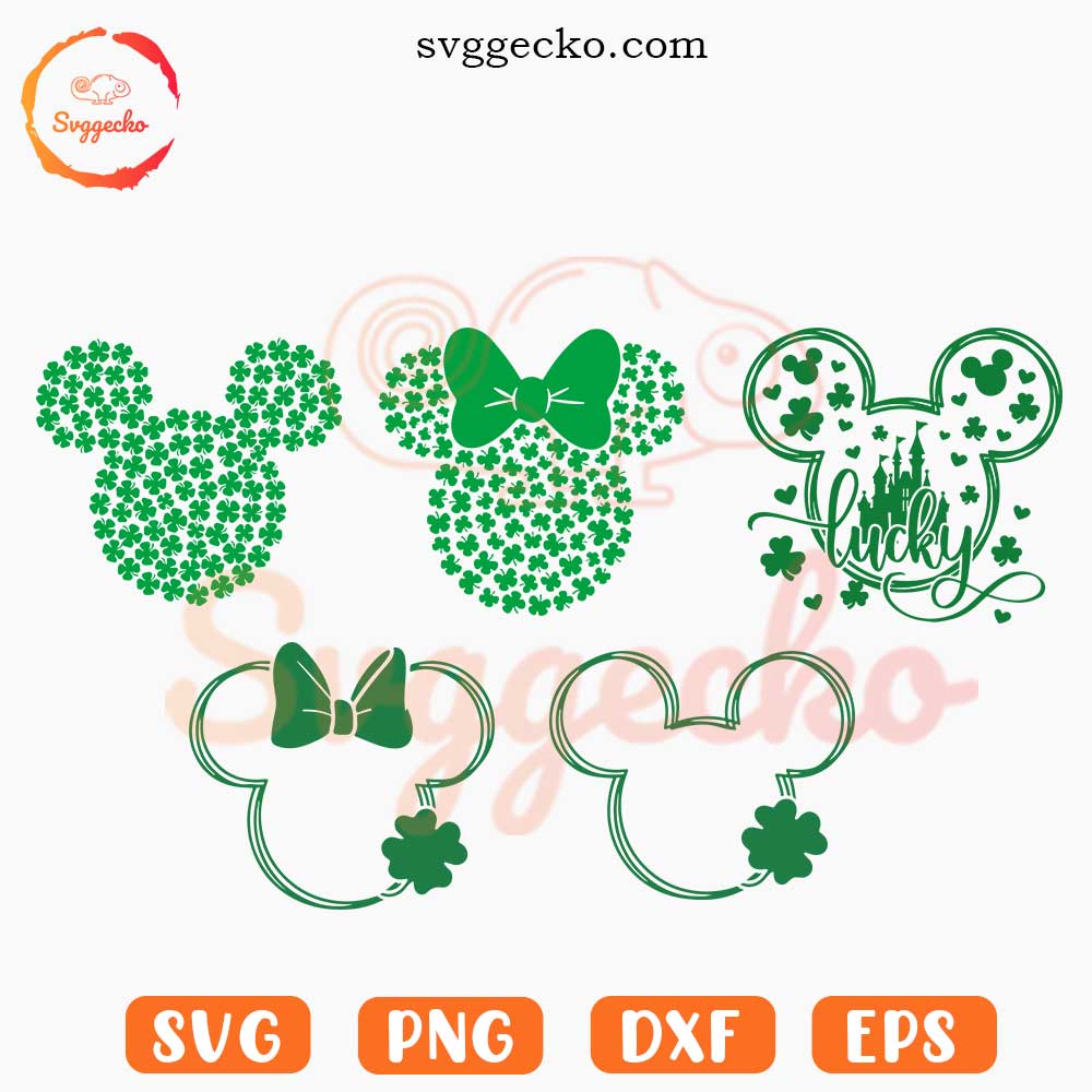 Mouse Ears Shamrocks SVG Bundle, Mickey Minnie Head St Patrick's Day SVG, Disneyland Lucky SVG PNG