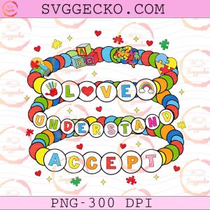 Autism Awareness Bracelet PNG, Love Understand Accept Bead Bracelet PNG, Rainbow Puzzle Piece PNG Design