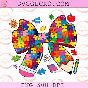 Autism Awareness Teacher Bow PNG, Pencil Puzzle Bow PNG, Back to School Autism Bow PNG Design