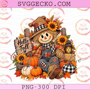 Hello Fall Scarecrow PNG - Cute Autumn Scarecrow Sunflower PNG - Thanksgiving Pumpkin Buffalo Plaid Lantern PNG